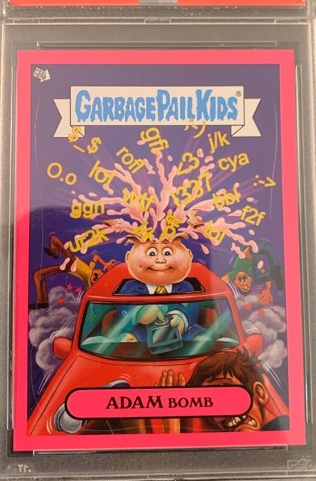 2011 Topps Garbage Pail Kids Flashback Adam Mania Stickers Pink #4 Adam Bomb front