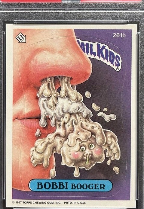 1987 Topps Garbage Pail Kids Stickers Purple Letters #261b Bobbi Booger front