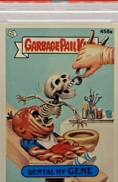 1987 Topps Garbage Pail Kids Series 11 Green Bar #458a Dental Hy Gene front