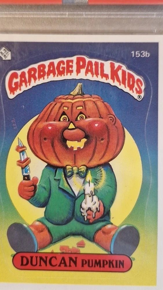 1986 Topps Garbage Pail Kids Stickers Pink Swirl #153b Duncan Pumpkin front